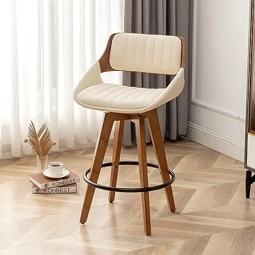 Swivel Bar Stools,Mid Century Modern Faux Leather Upholstered Counter Height Barstools,Kitchen Island Wooden Bar