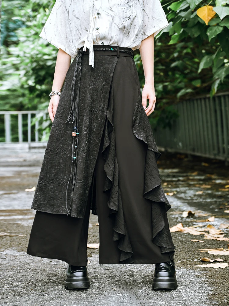 2024 New Chinese Style Culottes Design Black Slimming Patchwork Double-Layer Wide-Leg Pants For Women's Clothes Loose Trousers