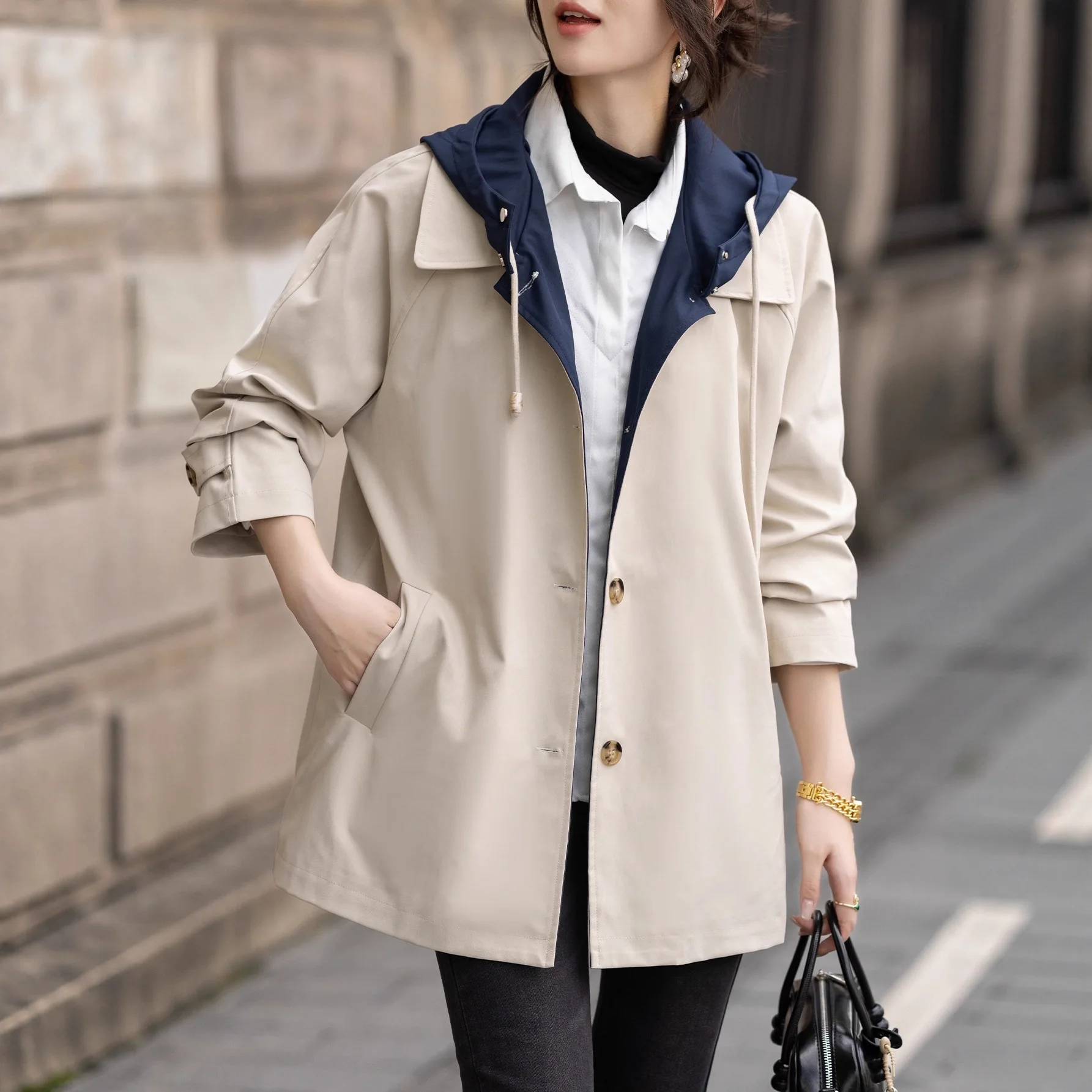 

Винтажный плащ цвета хаки с капюшоном и цветными блоками, женская повседневная верхняя одежда средней длины свободного кроя, осенняя корейская модная женская одежда