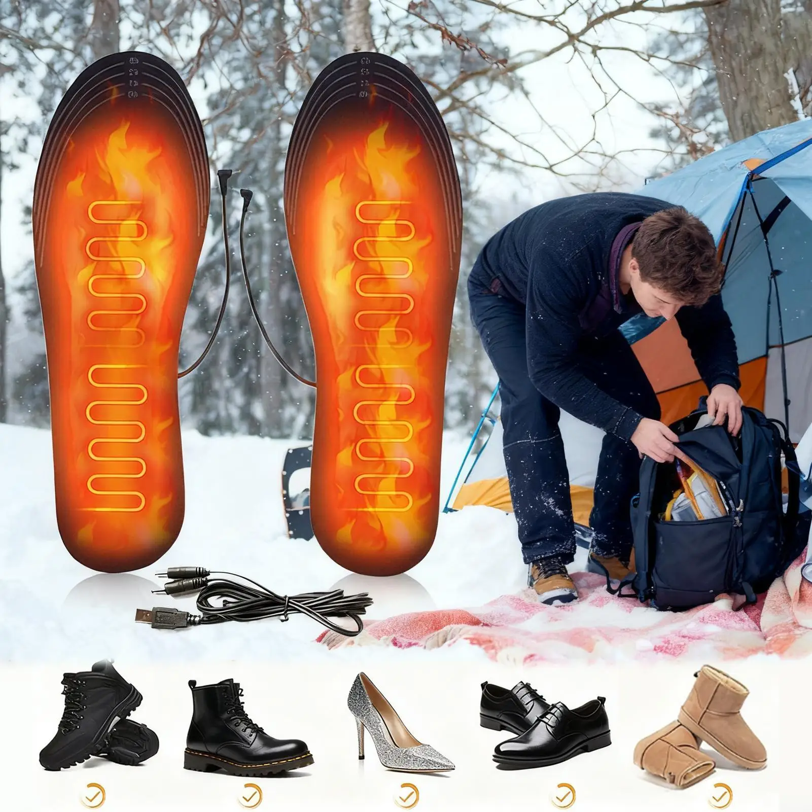 1 Paar USB-Heizschuhe für den Winter, zuschneidbare Stiefel-Fußwärmer, elektrische Fußwärmepads, warme Einlegesohlen, Schuhpolster, Größe 35-44