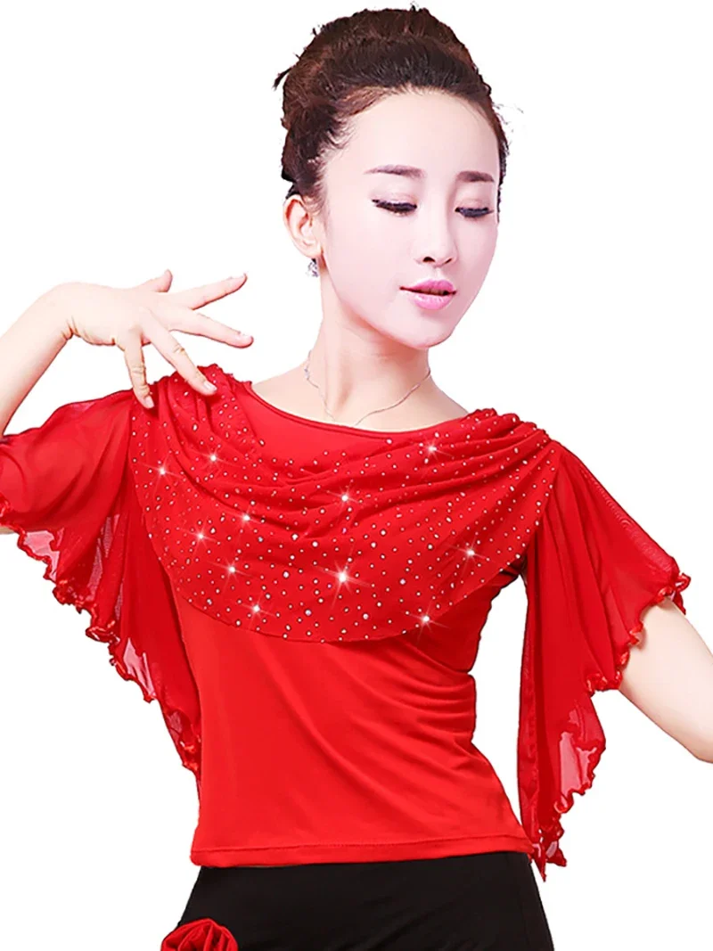 Adult Latin Dance Costume Square Costume Summer Glitter Flare Mesh Top Modern Social Dance Women Ballroom Dancewear