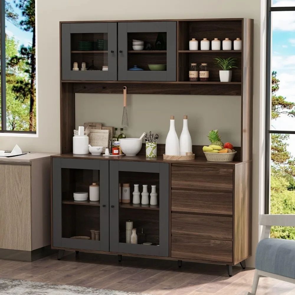 Pantry Cabinets with Hutch, Freestanding Cupboard with 4 Doors, 4 Drawers & Microwave Shelf, Kitchen Storage Buffet