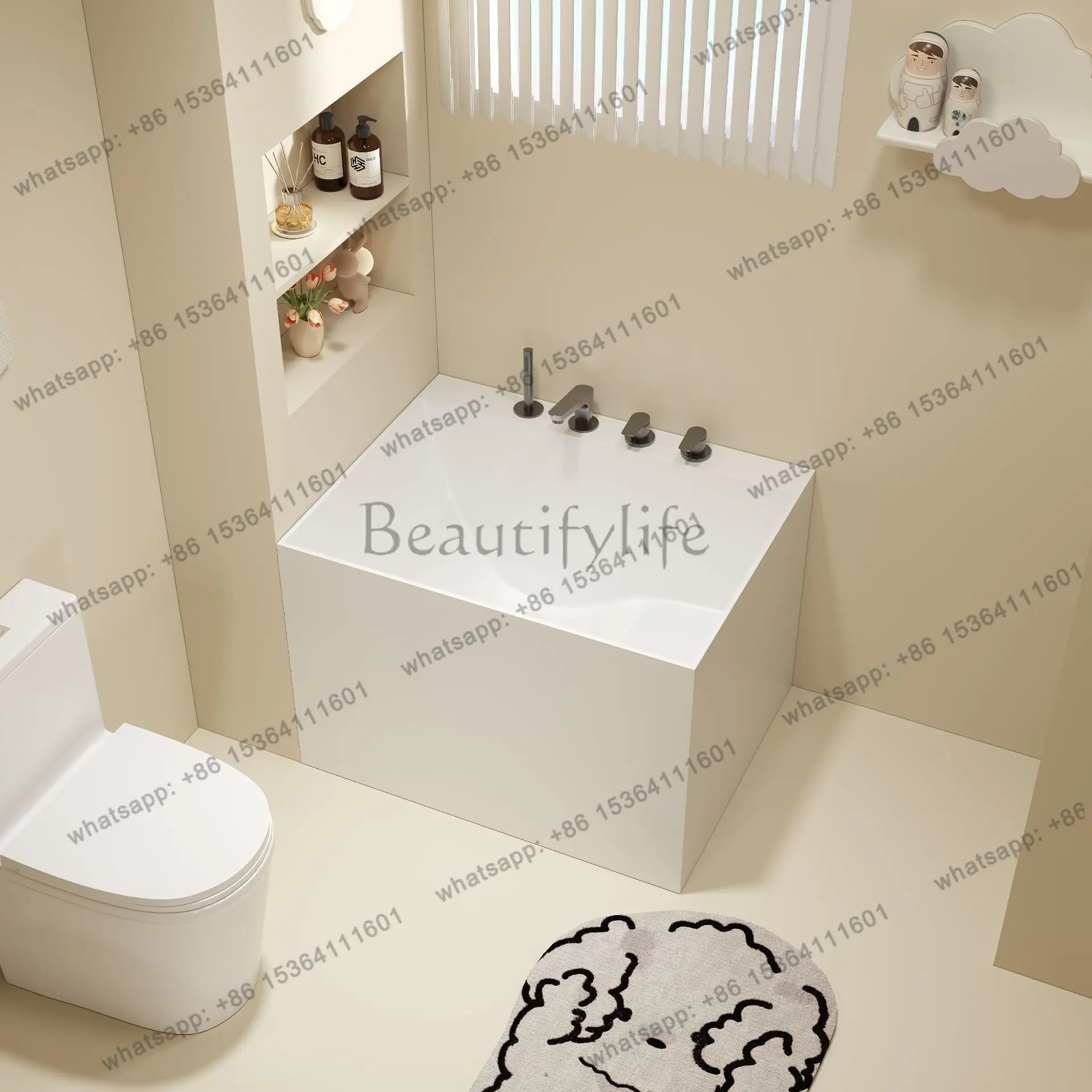 Small size artificial stone bathtub independent integrated bathtub against the wall