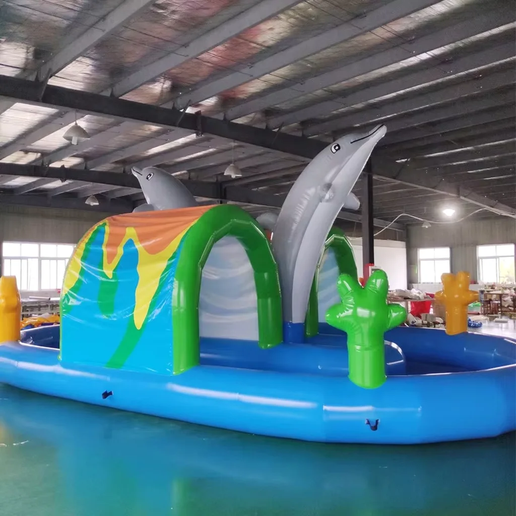 Giant Inflatable Dolphin Water Slide with Pool for Kids, Commercial Grade Outdoor Backyard Summer Splash Park Fun Equipment