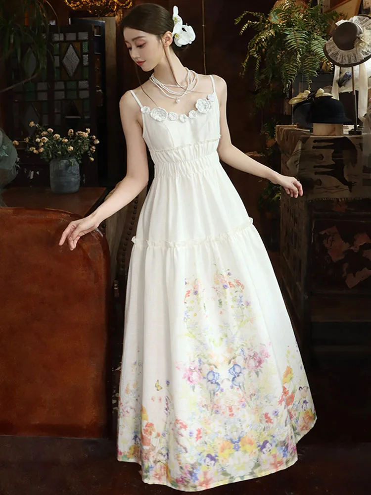 Vintage Boho Mode Lange Kleider Für Frauen Sommer Blume Drucken Chiffon Hohe Taille Casual Urlaub Party Kleid Vestidos 2025, Neue