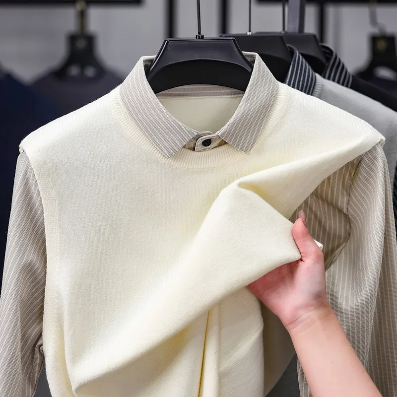 

Новый мужской вязаный свитер 2025 года с воротником-стойкой, имитация двухслойности, высококачественный теплый базовый слой, осенне-зимняя модная одежда