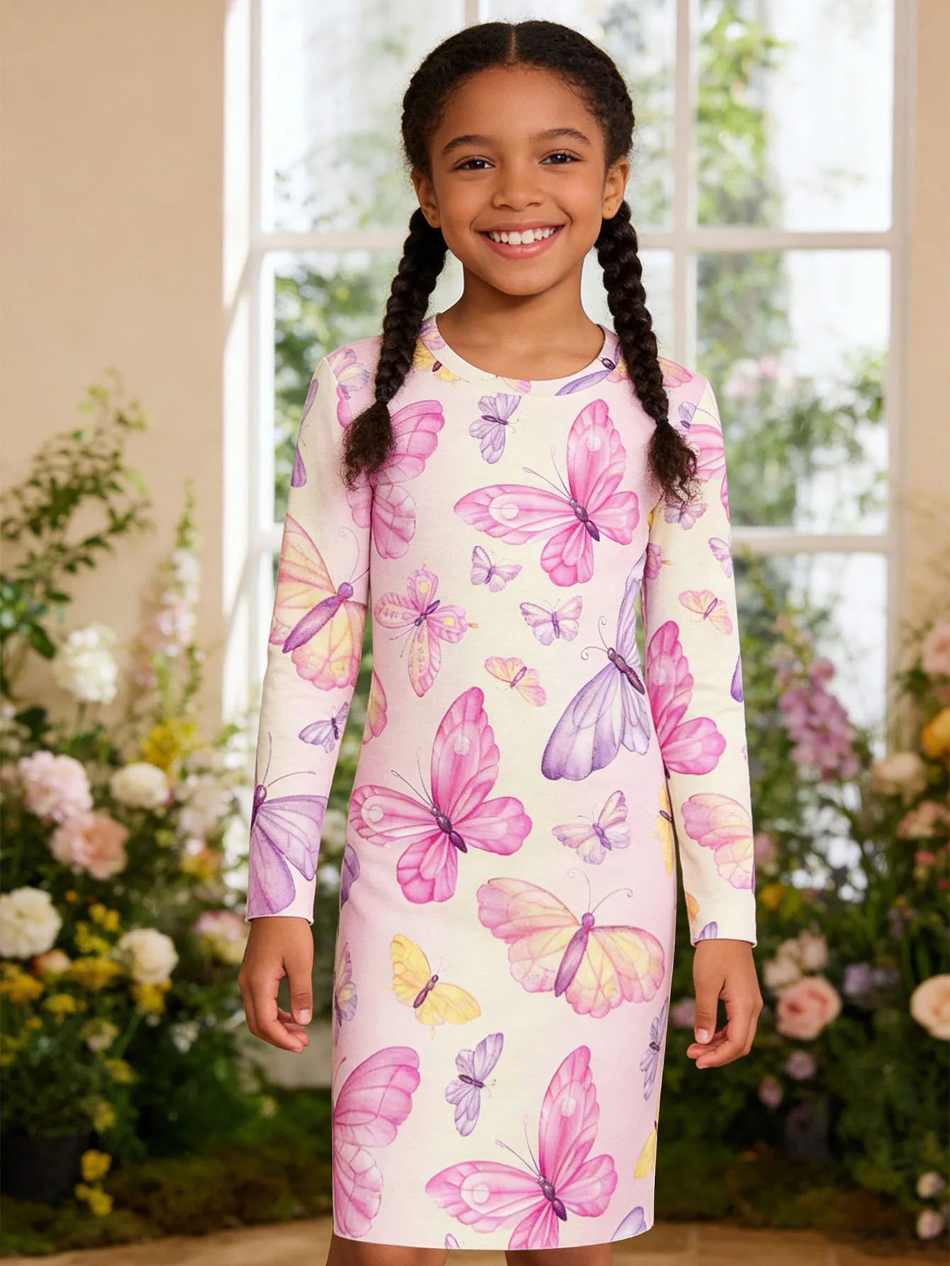 

2026 children's beige bottom pink purple yellow watercolor butterfly long-sleeved slim-fit dress