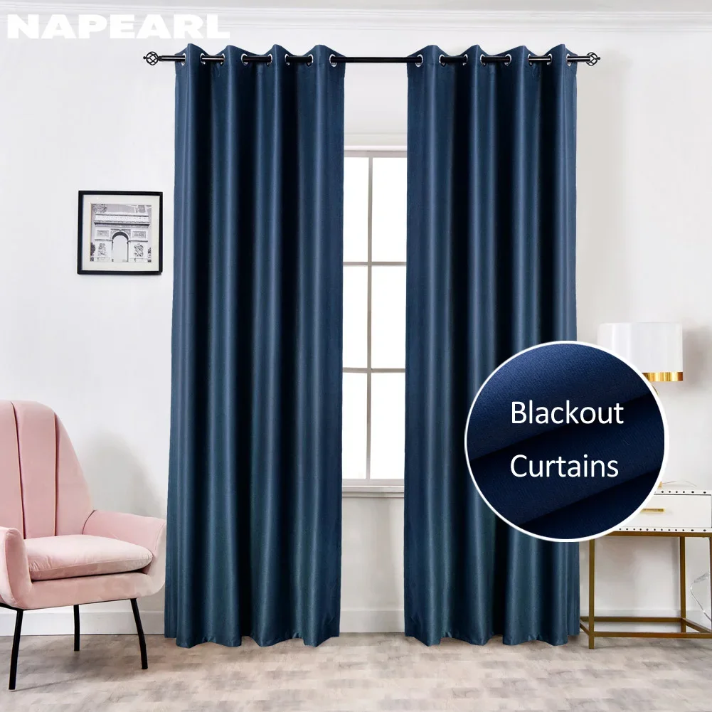 NAPEARL Modern Blackout Curtains For Living Room Bedroom Curtains For Window Treatment Drapes Blue Finished Blackout Curtains