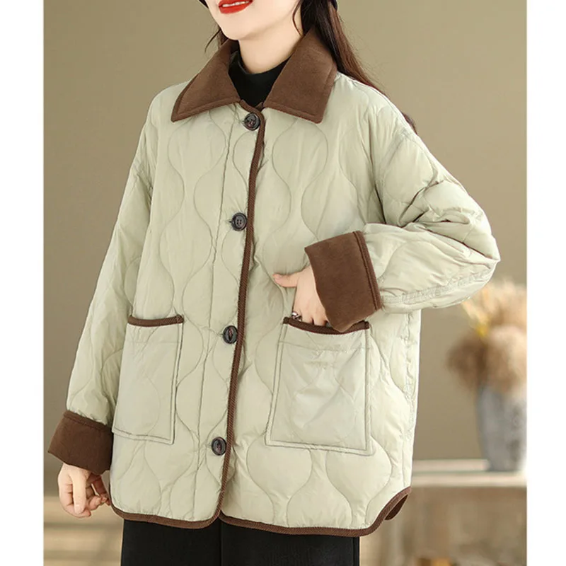 2024 New Contrasting Lapels Cotton-Padded Jacket Women Winter Loose Casual Parkas Ladies Outwear Coats Female Cotton Overcoat