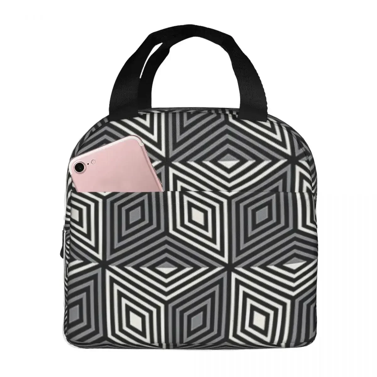 Lunch Bag Isolado com Cubos Geométricos, Sacos de Piquenique Portátil, Refrigerador Térmico, Lancheira, Tote para Mulheres, Trabalho, Crianças, Escola