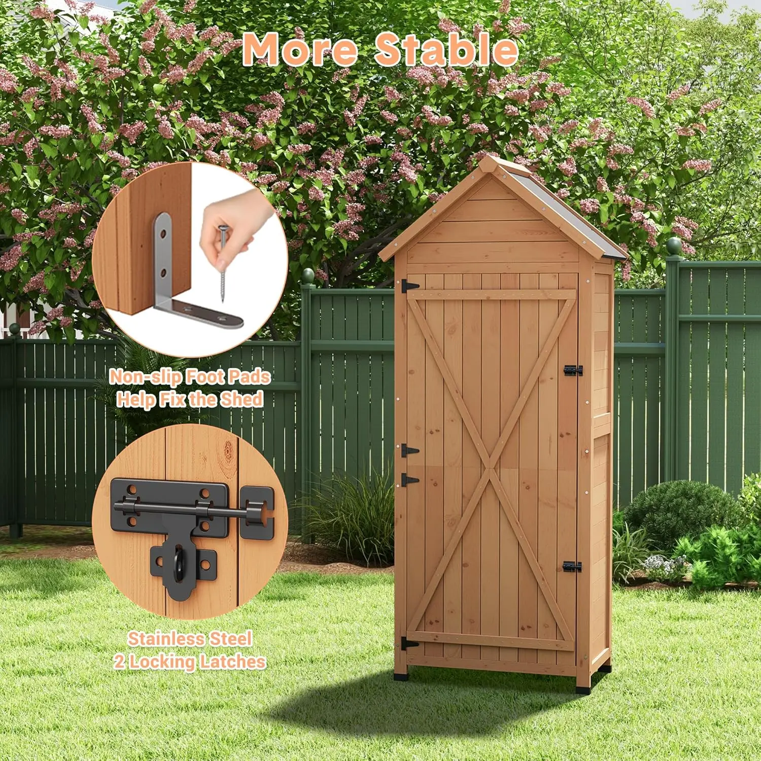 Outdoor Wooden Storage Shed Waterproof, 63'' Vertical Outdoor Storage Cabinet with 4 Shelves & Lockable Door, Space-Saving Garde