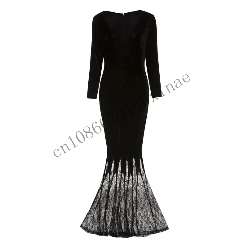 M-3XL Morticia Addams เครื่องแต่งกายคอสเพลย์ฮาโลวีนเซ็กซี่ Gothic แม่มดชั่วร้ายสยองขวัญ Maxi ลูกไม้ชุดนางเงือกชุดผู้หญิง C