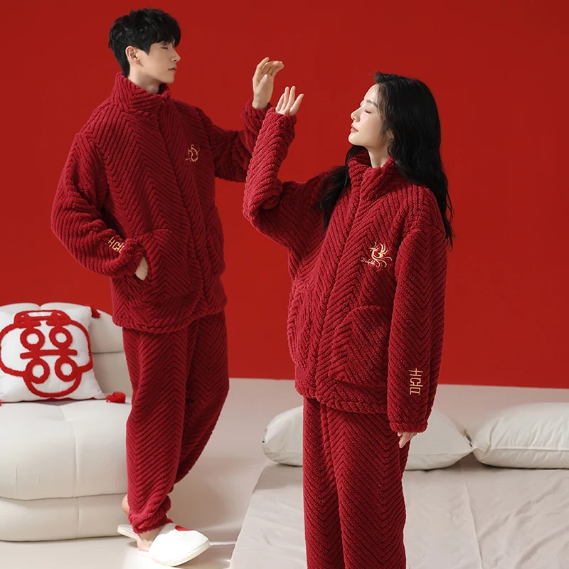 High Quality Winter Couple Pajamas Set Women Men Pyjamas Korean Home Suits Flannel Sleepwear