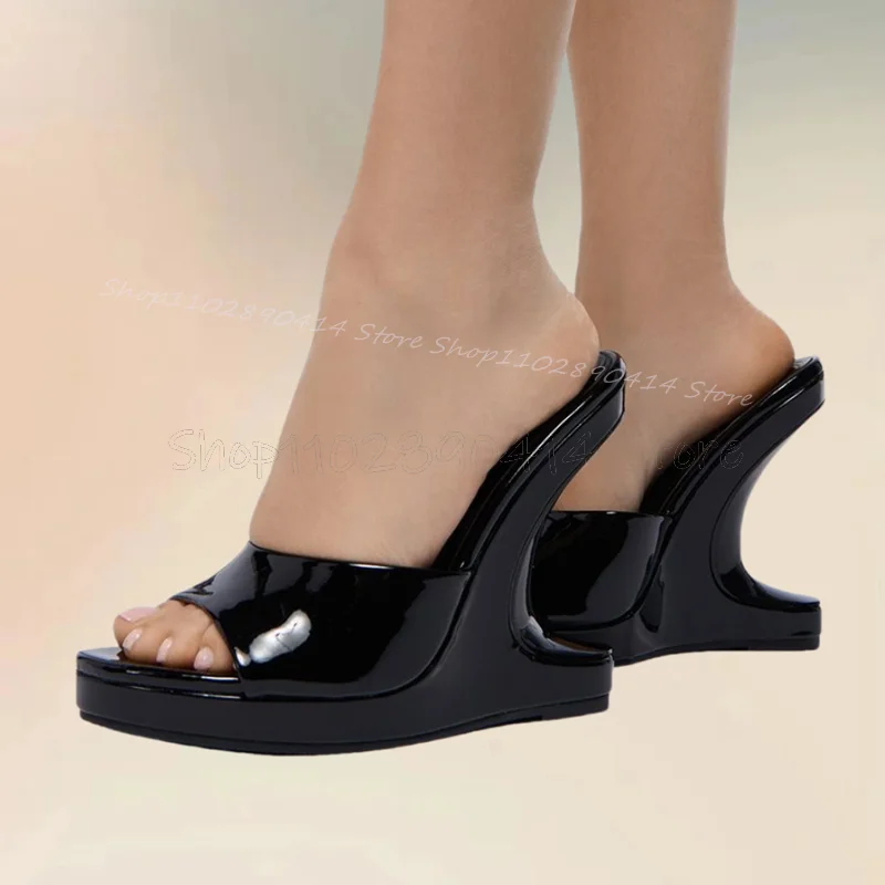 

Black Patent Leather Strange Style Heels Slippers Slip On Women Shoes Open Toe Fashion Party Banquet 2024 Zapatos Para Mujere