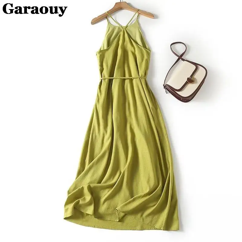 Garaouy 2023 Summer New Women Linen Halter Long Dress Sexy Lady Sleeveless Backless Elegant Midi Beach Dresses Vacation Sundress