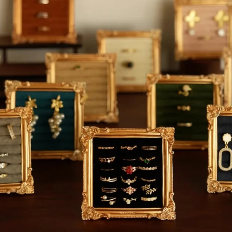 

Luxury Square Ring Display Stand Earing Storage Box Jewelry Showcase Tray Wooden Shop Window Decoration Photography Props