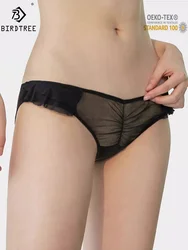 BirdTree, Pure Natural Silk Everyday Knit Briefs, Women Ruffles Low Waist, Sexy Mesh Underwear, 2024 Spring Summer P440119QM