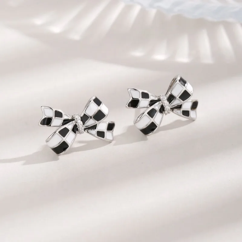 

Аксессуары, черно-белые серьги-гвоздики с сеткой и бантом, новые серебряные модные серьги-гвоздики S925, аксессуары