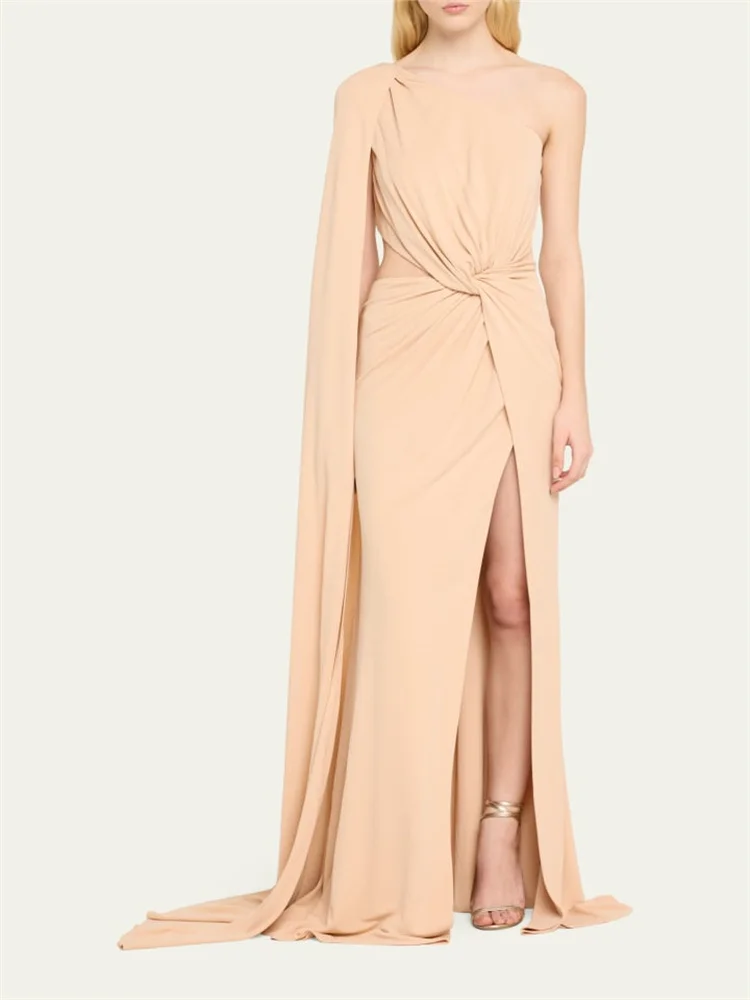 

New Arrival One-Shoulder Neckline Long Draped Sleeve Sheath Evening Dress Thigh-High Side Slit Floor Length Gown For Women 2024