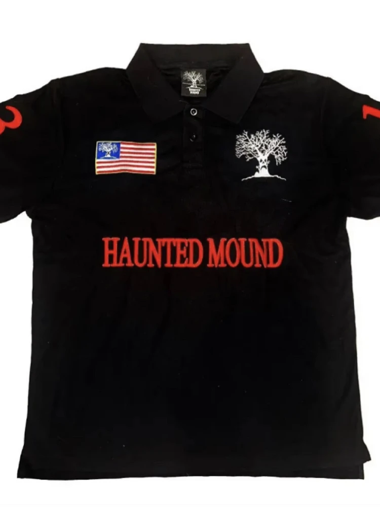Teen Two Buttons Polo Shirts Sleeve Number Flag Badge Goth Horror Loose Tops Y2K Style For Daily Travel Campus Casual Looks