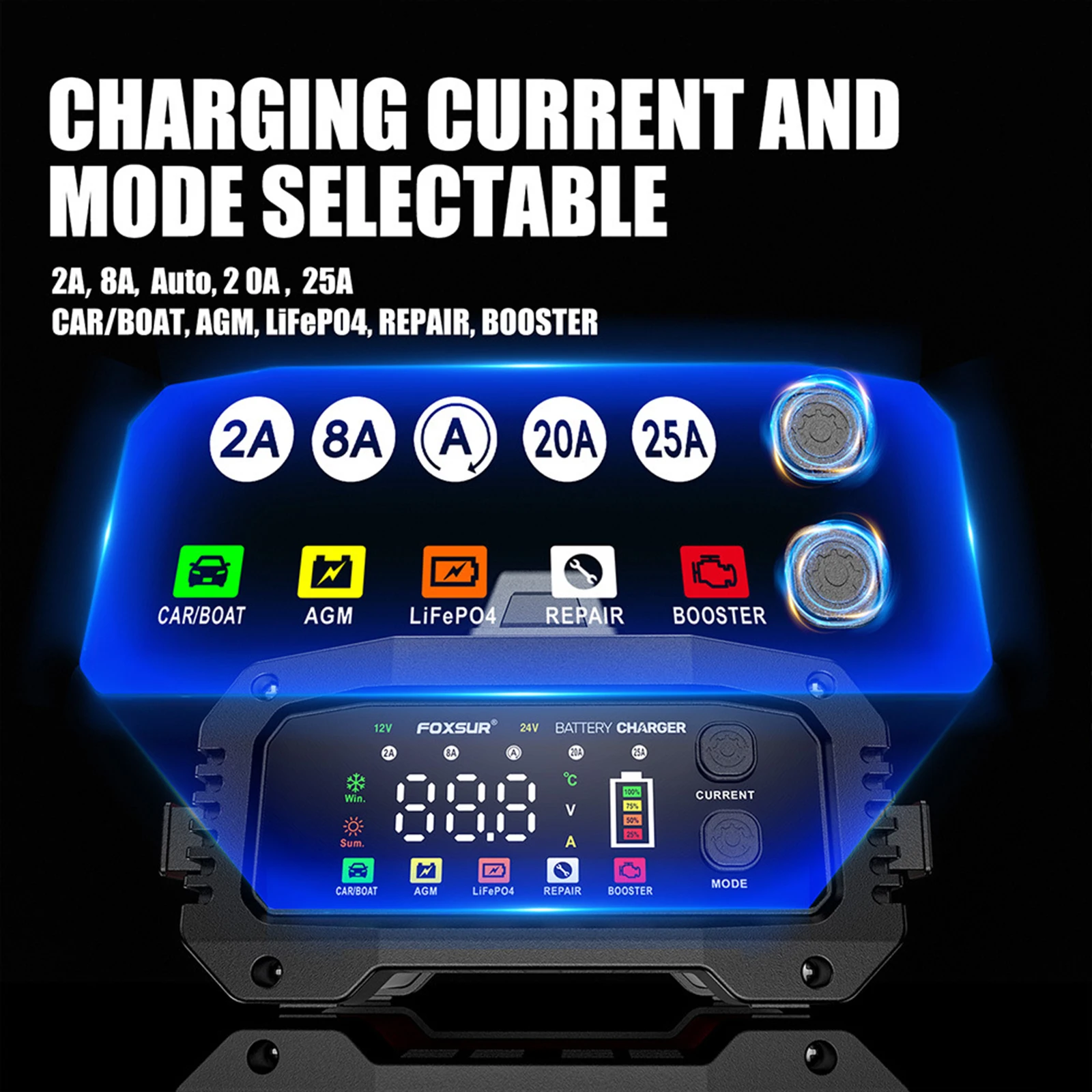 

FOXSUR 25A Smart Car Battery Charger 12V/25A 24V/15A Portable Battery Charger Optional Charging Current Aluminum Alloy Shell