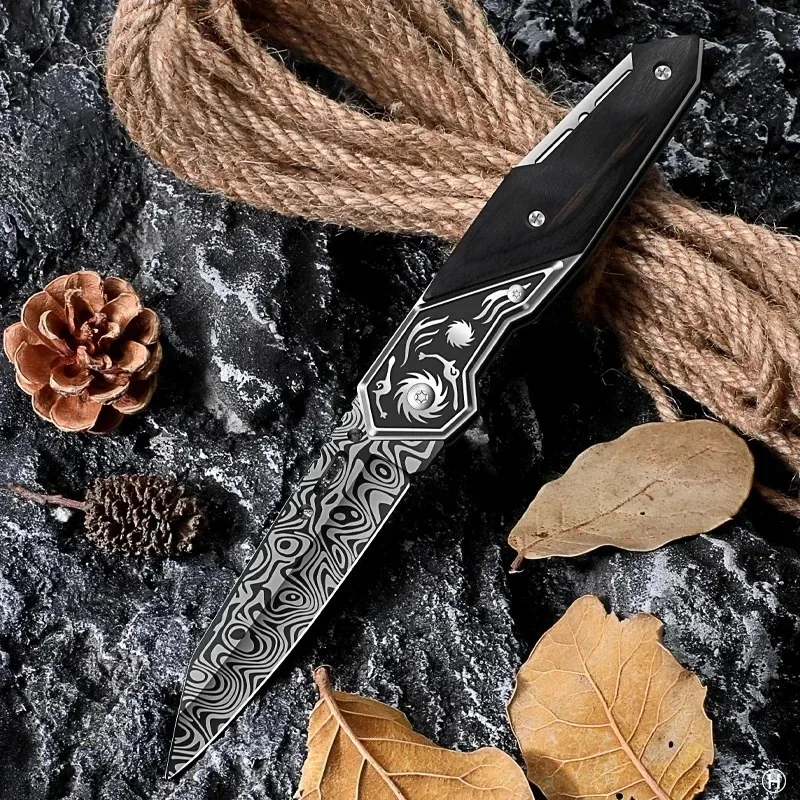 1PC Damascus textured pocket knife, foldable portable knife box type cutting machine, outdoor knife for easy carrying U9195