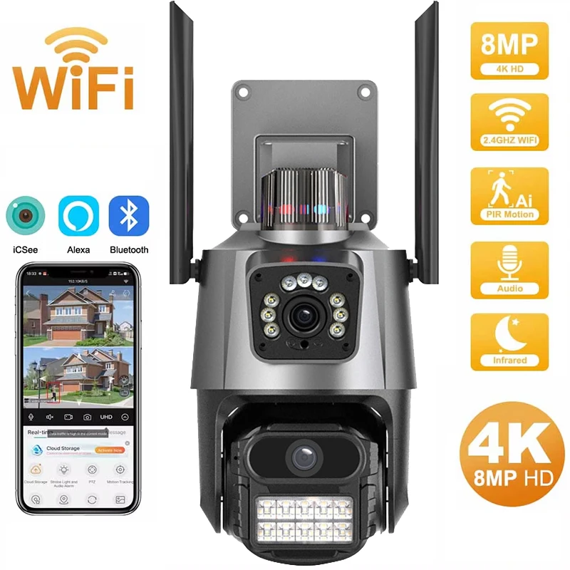 4K HD Dual Lens WIFI Camera 2K Dual Screen PTZ Camera Outdoor Auto Tracking Security Camera Waterproof Surveillance ICSEE App