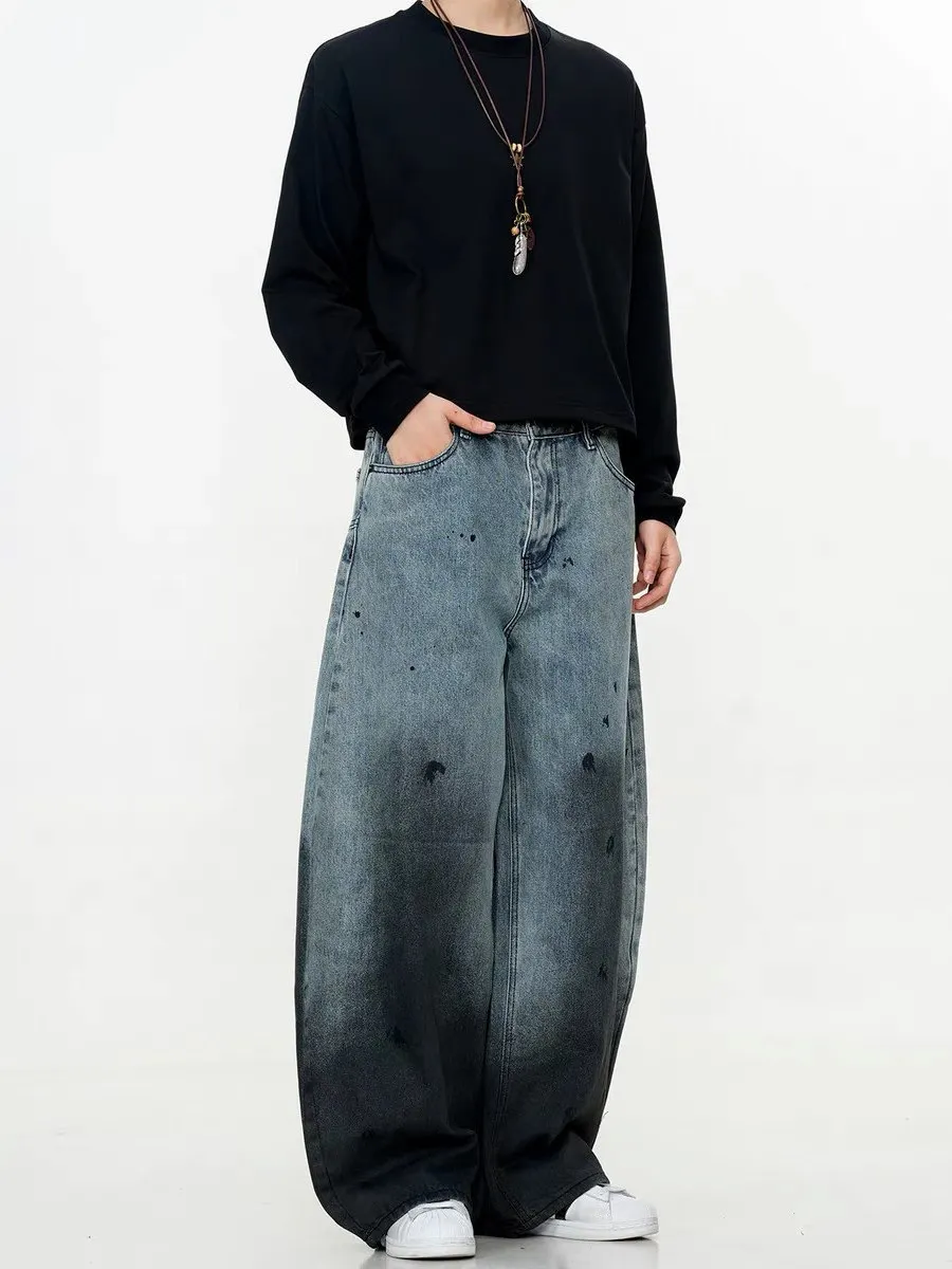 Retro American Waed adient Spray fiti Coltello curvo Jeans larghi casual gamba larga fino al pavimento per uomo e donna