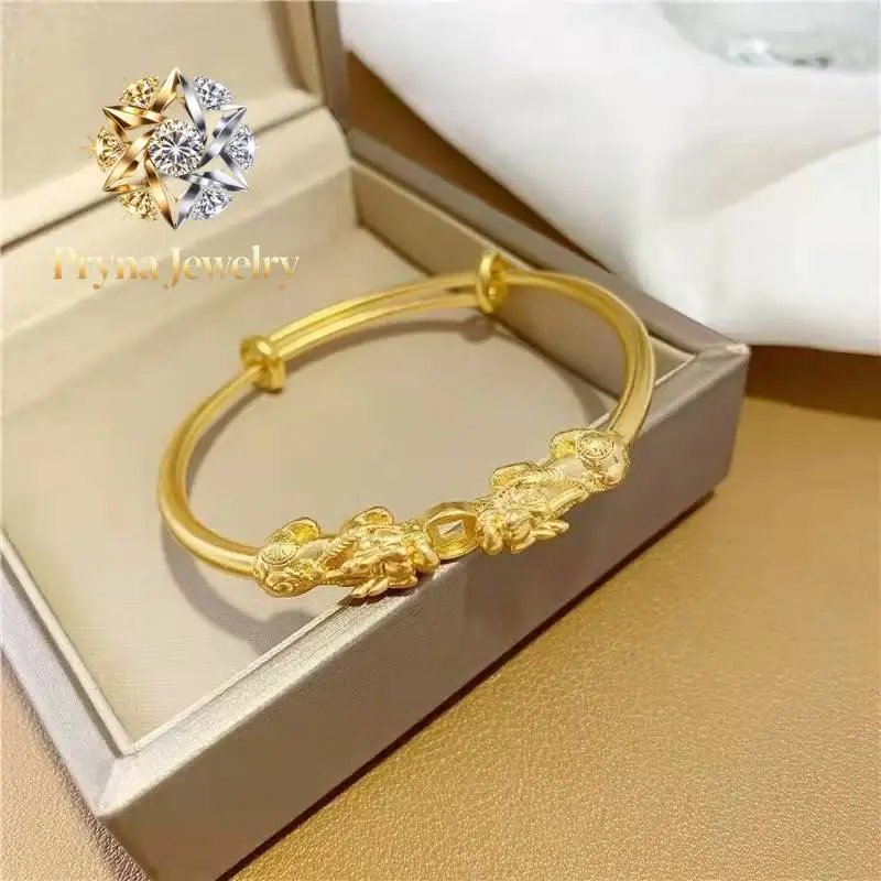 Pryna Jewelry  9999 24K real gold Pixiu Push and Pull Bracelet Double Pixiu Coins Women's Fashion Bracelet Bracelet