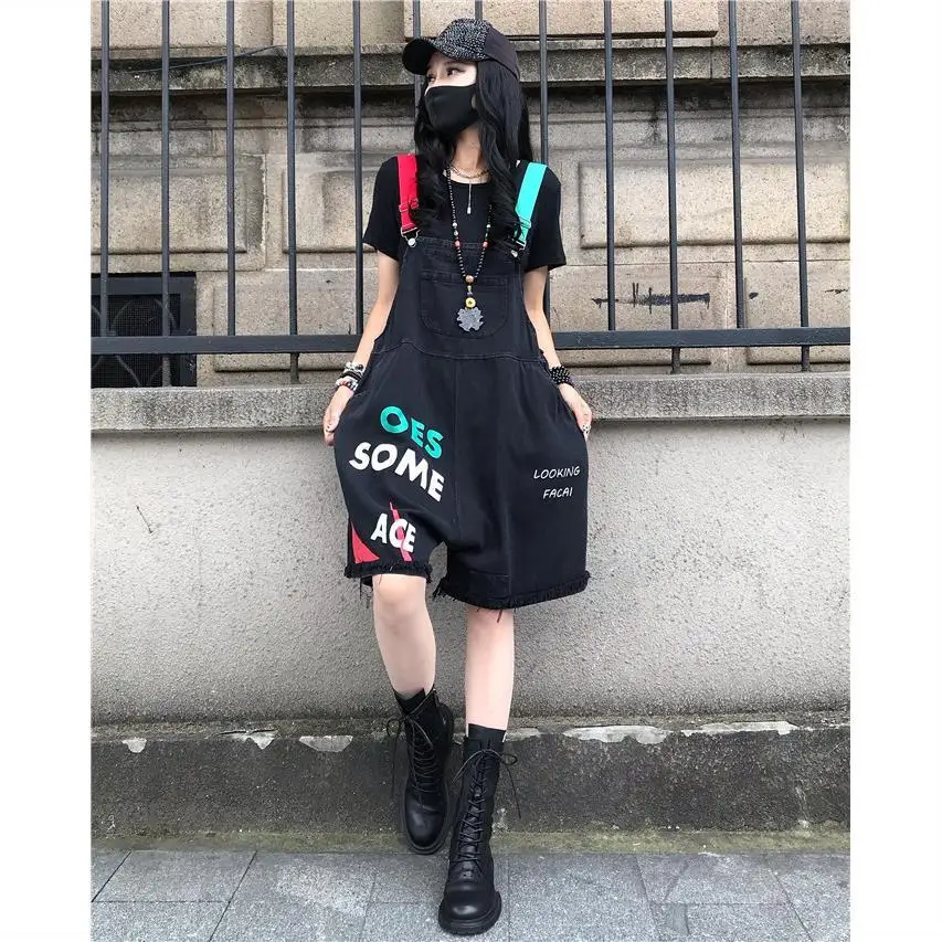 

Spring/Summer New Women's Strap Pants Loose Commuter Oversized Cowboy Jumpsuit Half Pants