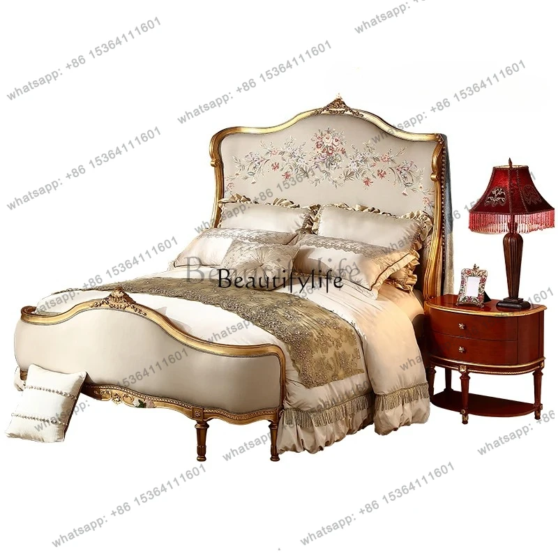 

Retro high backrest jacquard fabric solid wood 1.8 meters wedding bed luxury villa bedroom