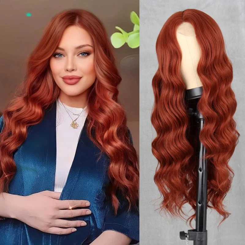 WERD Long Wavy Wine Red Synthetic Wig For Women's Heat-Resistant Natural Half Part Cosplay Party Lolita Wig