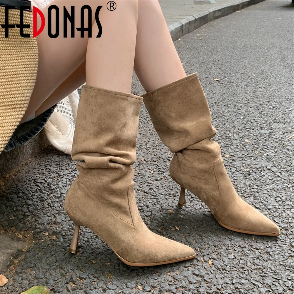 

FEDONAS High Quality Women Pointed Toe Mid-calf Boots Warm Autumn Winter Knight Boots Thin High Heels Party Dance Shoes Pumps