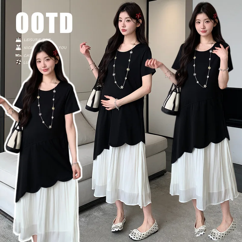 maternity-dress-summer-fake-two-piece-black-and-white-contrasting-dress-for-pregnant-women-2026-classic-elegant-temperament