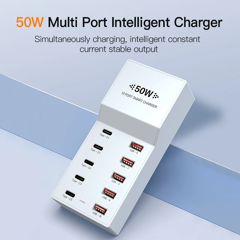 10 Ports Desktop Mobile Phone Charger With LCD Display 8A QC3.0 USB ChargerSmart Fast Charging for Smart Phones Tablet PC