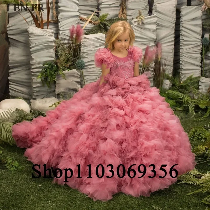 Flower Girl Dresses Gorgeous Lace Puff Sleeve Cute Baby Girl Birthday Wedding Party Special Occasion Dress Girl Princess Dress