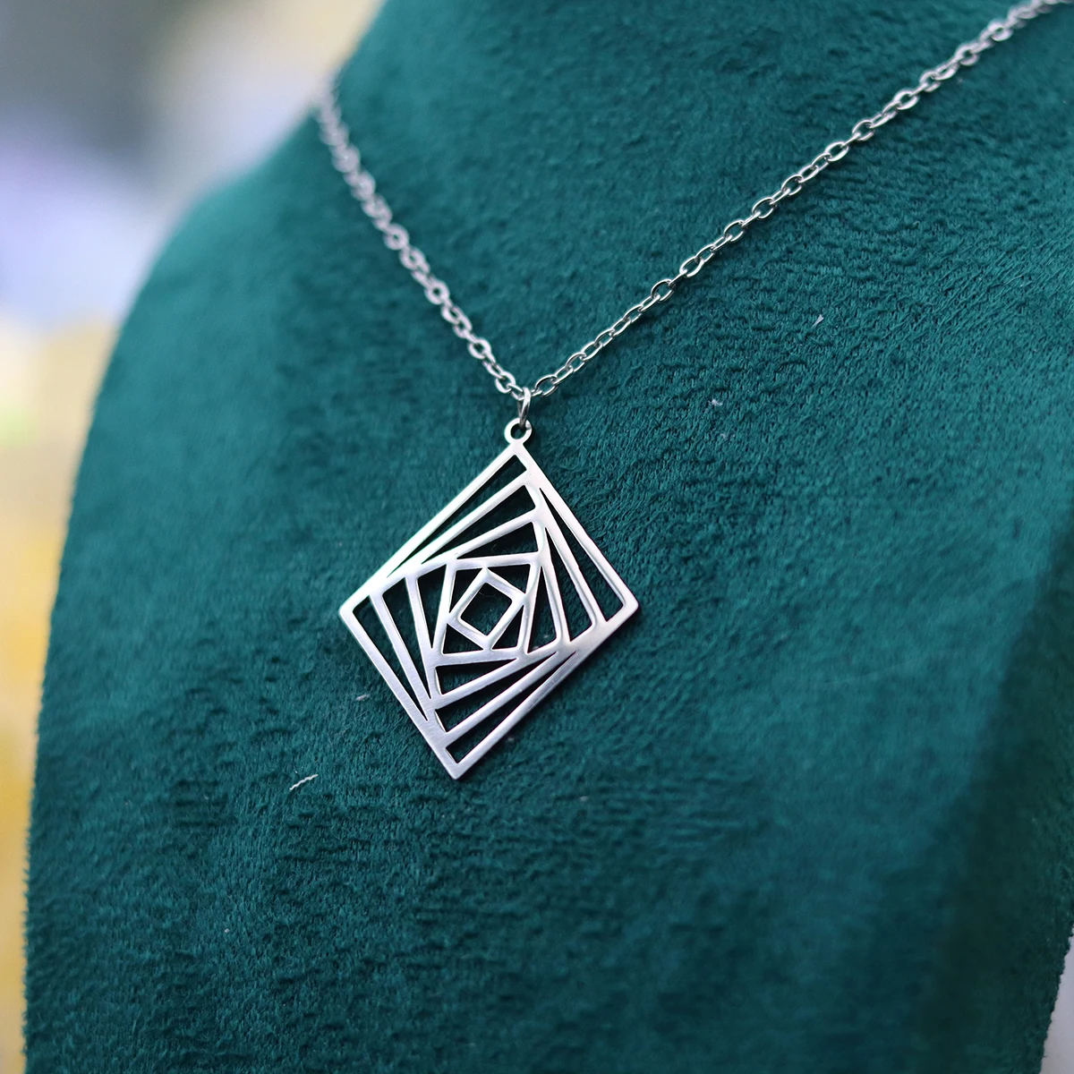 Kinitial Stainless Steel Spiral Square Necklace Geometric Silver Color Pendants Necklaces Jewelry For Women Men