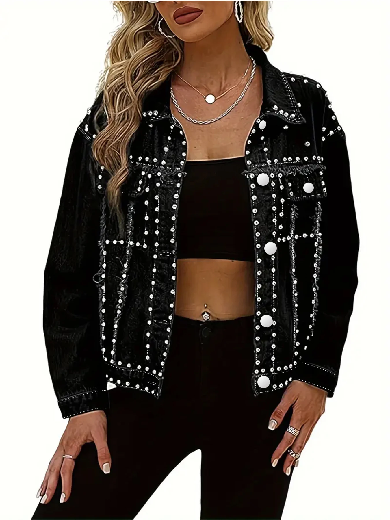 プラスサイズ レディース ルーズ デニムジャケット ヴィンテージ パール コンチョ装飾 カジュアル 快適 オーバーサイズ ブルー ジーンズコート