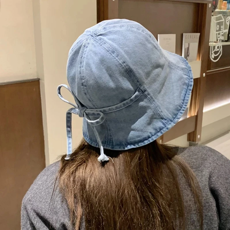 New Bow Strap Denim Bucket Hats for Women Cotton Fisherman Cap Korea Lace-Up Casual Versatile Retro Basin Hat Sun Protection Hat