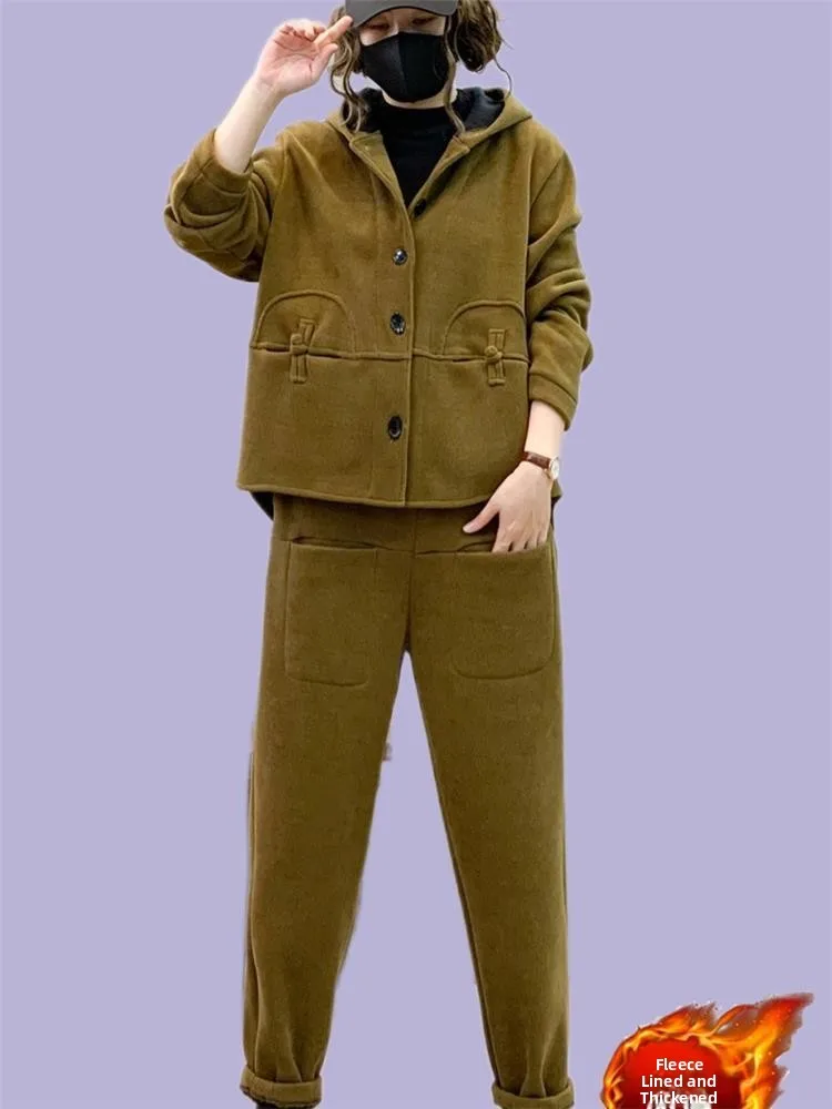 

Autumn Winter Women's Fashionable Loose Slimming Hooded Velvet Fleece Lined Casual Set Long Pants Outerwear Two Piece Suit