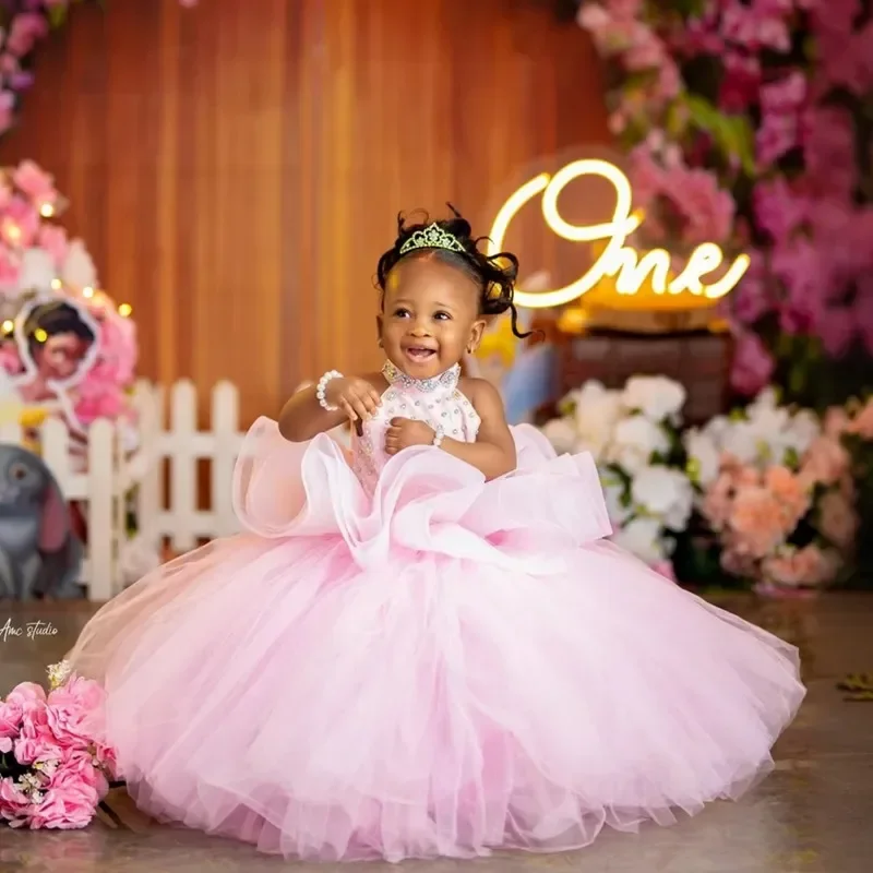 

Customized Princess Pink Flower Girl Dresses for Wedding Sleeveless Beaded Baby Girls Birthday Party Gowns First Communion Gowns
