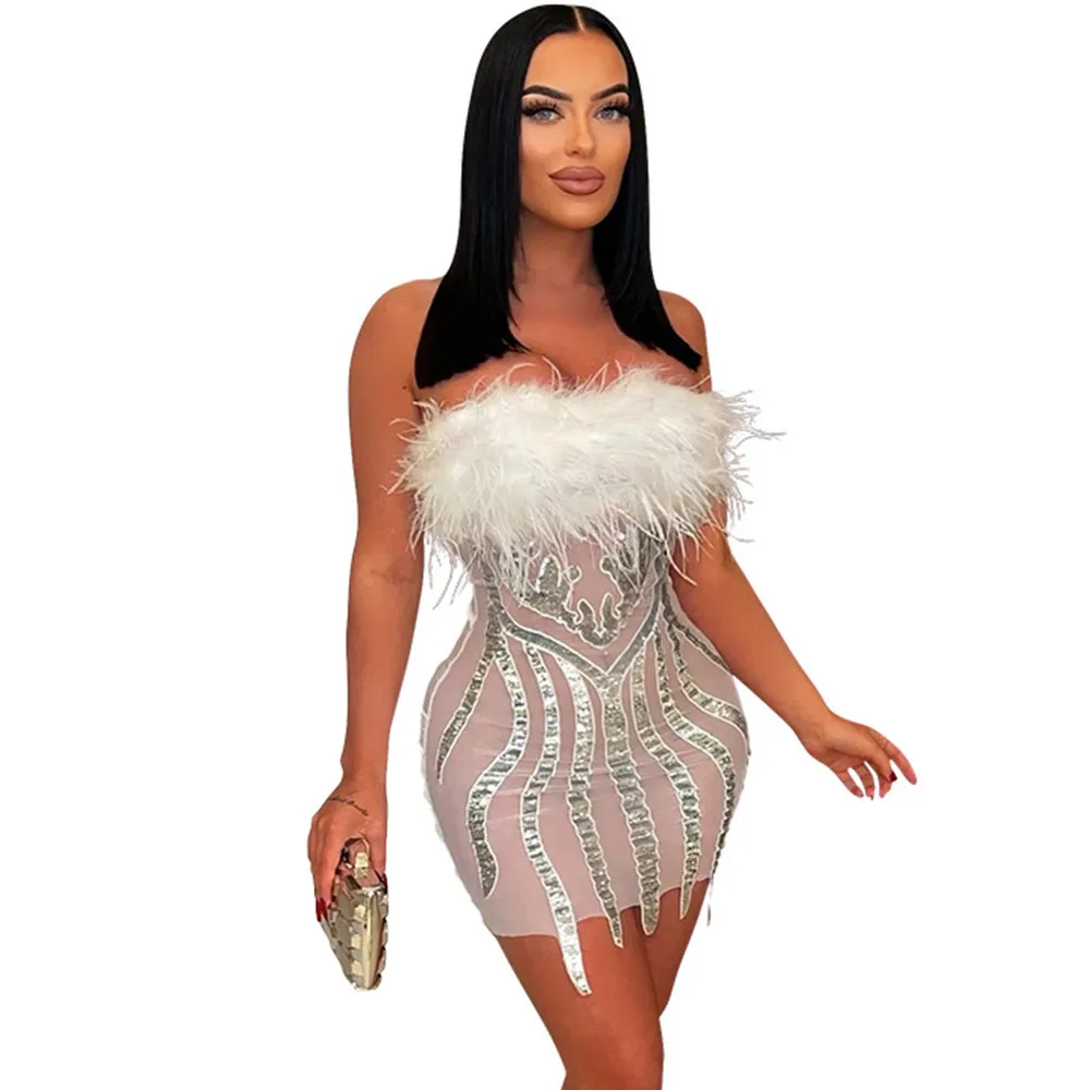 Mesh Feather Sequin Sexy Short Prom Corset Dress See Through Night Club Outfits Evening Gown Wedding Party Bodycon Wrap Dresses