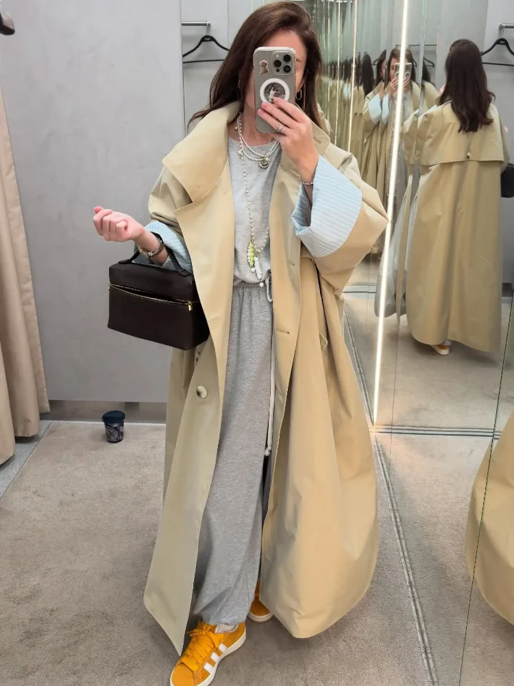 New Commute Women's Long Trench Coat Stand Collar Single Breasted Daily Windbreaker Side High Slit Loose Casual Autumn Outwear
