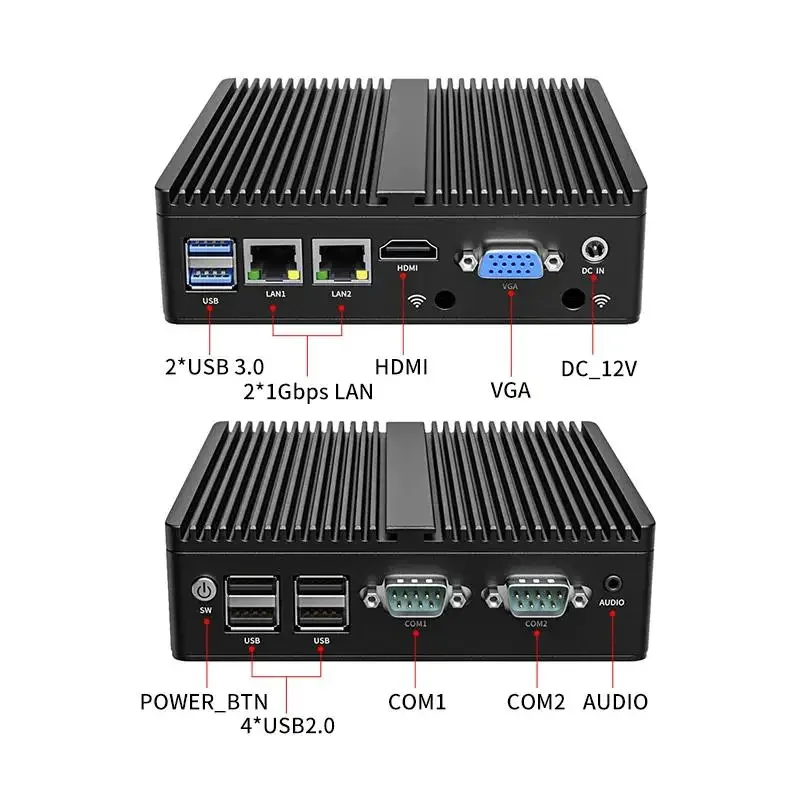 Imagem -04 - Mini pc Industrial Fanless Encaixado Computador Compacto Intel N2840 Desktop Mini Servidor de Pfsense 2lan 2com Vga hd para Fora a Exposição