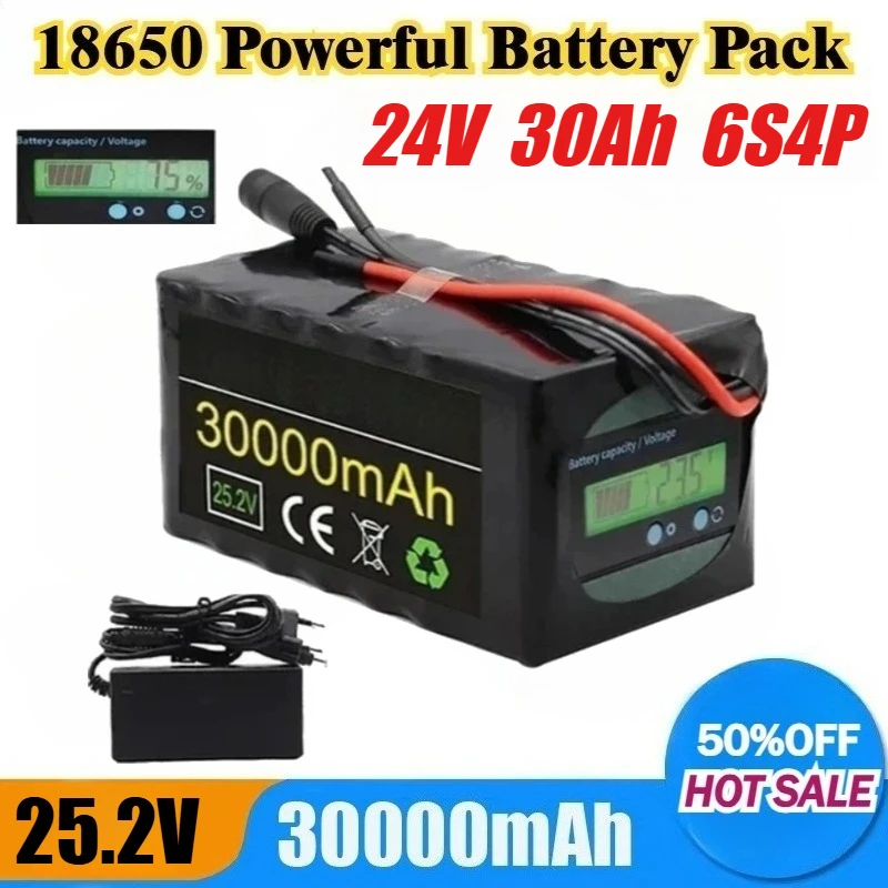 

24V 6S4P Battery Pack 30Ah 18650 Rechargeable Lithium Battery for Motor Electric Bicycle with Capacity Indicator & BMS+Charger
