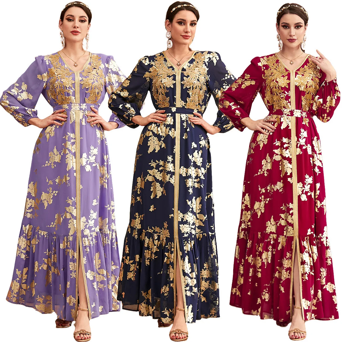 

3959 Muslim Grand Swing Long Dress Dubai V-neck Hot Stamped Robe Dress