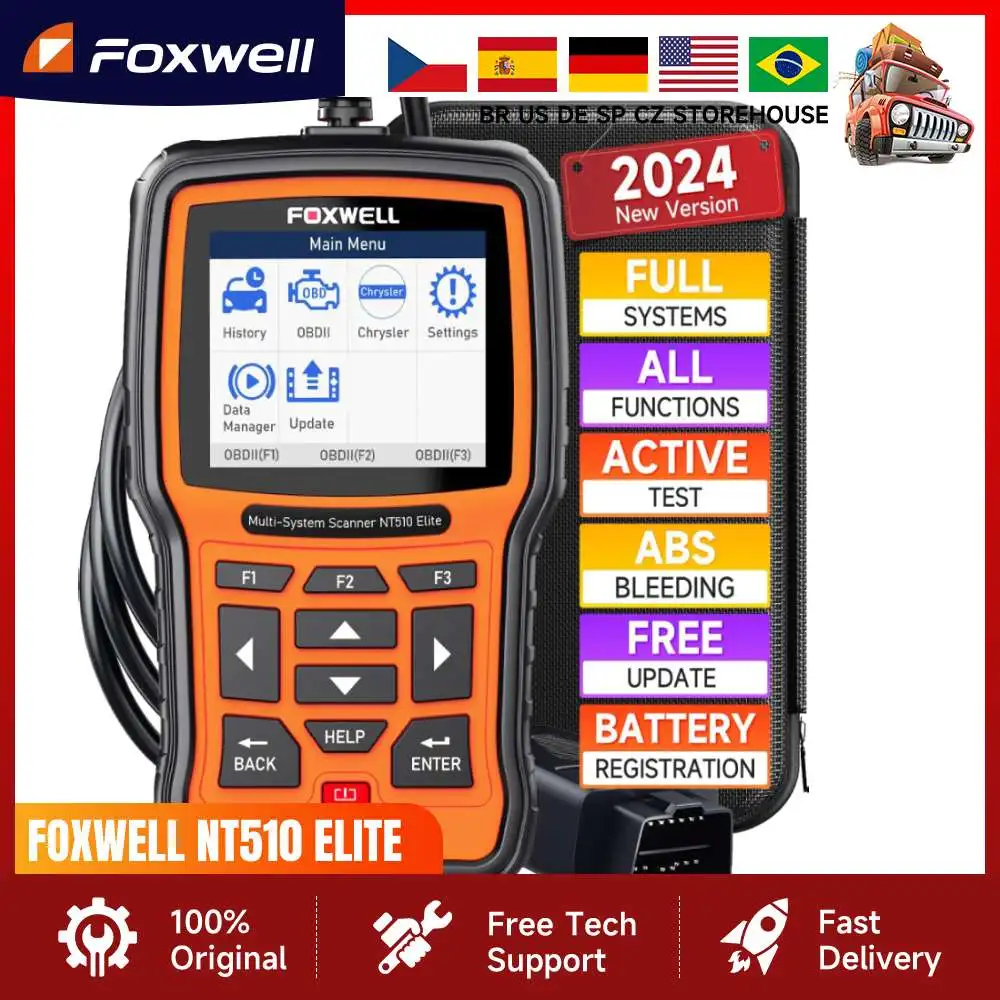 FOXWELL NT510 Elite Automotive Scanner All System Scan Code Reader Active Test ECU Coding OBD OBD2 Car Diagnostic Tool Free Upda