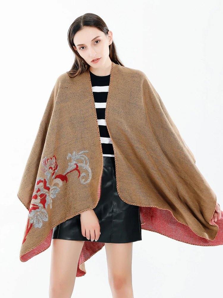 New Fashion Floral Print Temperament Double Side Shawl Women Autumn Winter Thick Warm Comfortable Soft Wild Tassel Cloak