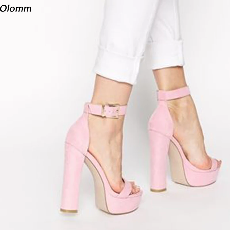 Olomm handgemachte Frauen Sommers andalen Wildleder klobige High Heels runde Zehen schöne rosa Kleid Schuhe Frauen plus uns Größe 4-20