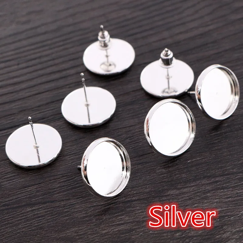 6/8/10/12/14/16/18/20mm Classic Colors High Quality Stainless Iron Earring Studs(with Ear plug) Base,Fit 6-20mm Glass Cabochons